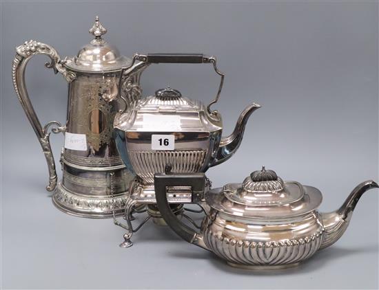 A plated The Tudor Patent Wine Cooling Cup, a plated tea kettle on stand and a plated teapot.